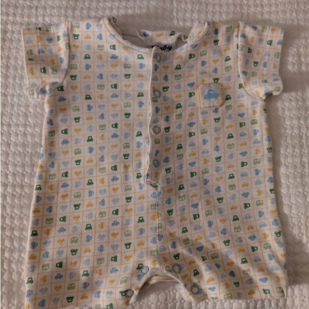 Short-Sleeve Baby One-Piece in White with Blue, Green & Yellow Prints